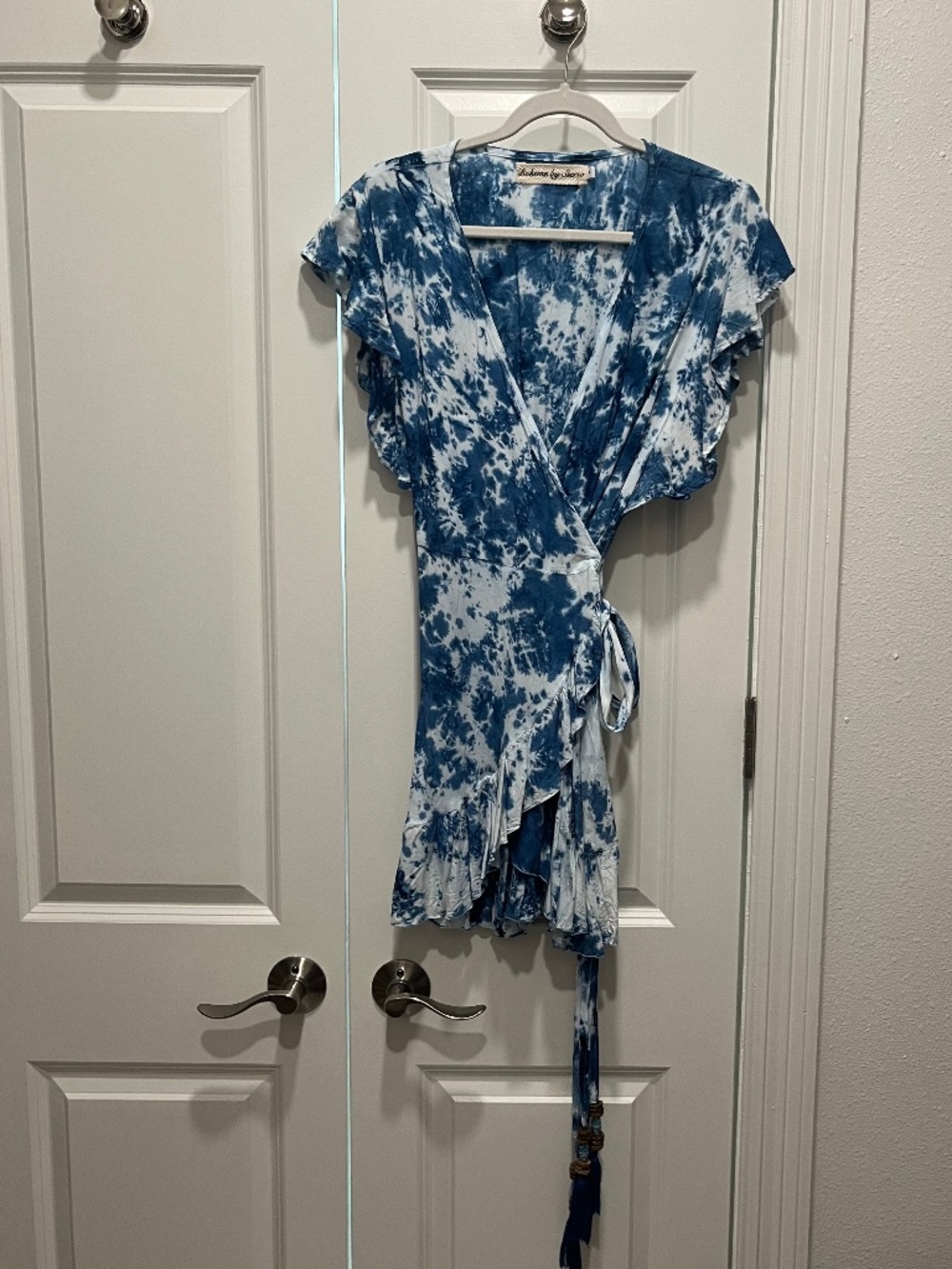 Boheme By Skemo Beaded Wrap Dress Blue Tie Dye Ruffle Mini Boho Beach Size M